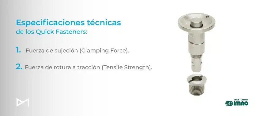 Especificaciones técnicas de Quick Fasteners, fuerza de sujeción y fuerza de rotura