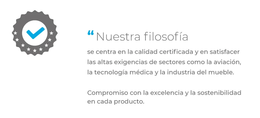 Icono de certificación junto a texto sobre la filosofía de la empresa.